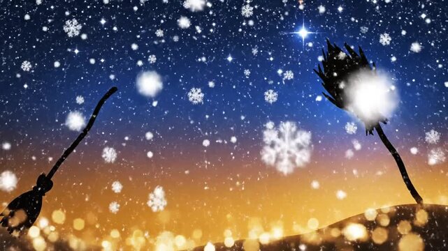 La Befana Festival Background with Broom Silhouette Twinkling Stars Soft Snowfall Glow