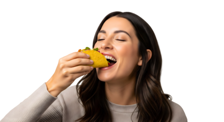 A woman enjoying a delicious taco, savoring every bite with closed eyes, isolated on transparent background