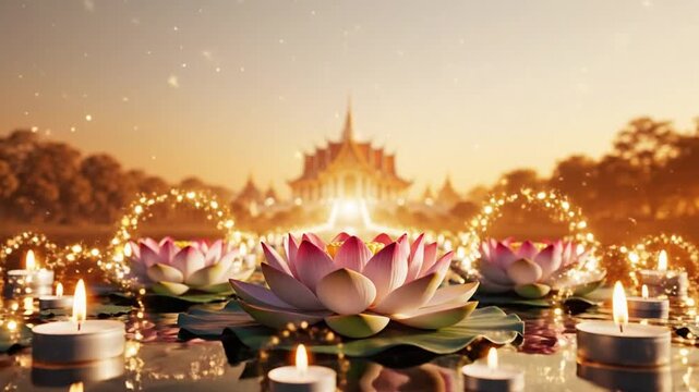 Meak Bochea Background with Lotus Flowers Candle Halos Subtle Temple Glow and Serene Ambience