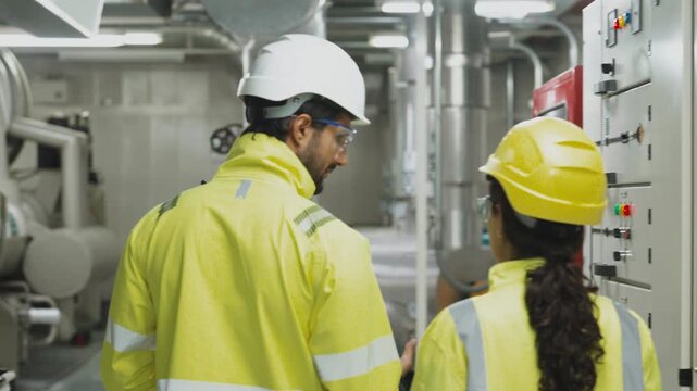 Industrial Cooling System Inspection Civil engineer manager and foreman worker conducting a thorough inspection of the building's industrial air conditioning and water cooling tower