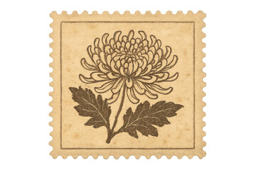 Vintage postage stamp illustrating a chrysanthemum flower with sepia tones, evoking history, mail, and botanical art on transparent background