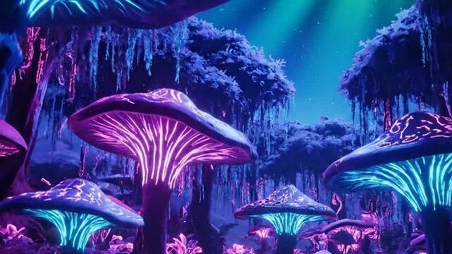 Bioluminescent mushrooms illuminate a fantastical forest