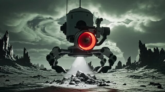 Bipedal droid scans an alien terrain