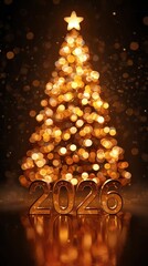 Golden 2026 Numbers with Glowing Christmas Tree Lights New Year Celebration Festive Holiday Background Seasonal Sparkle