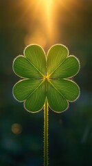 Lucky seven-leaf clover glowing in sunset light green nature symbol of luck and prosperity St. Patrick's Day background botanical wonder