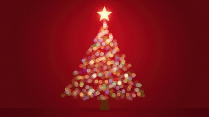 Christmas Tree with Star Topper on Red Background Colorful Bokeh Lights Festive Holiday Season Celebration