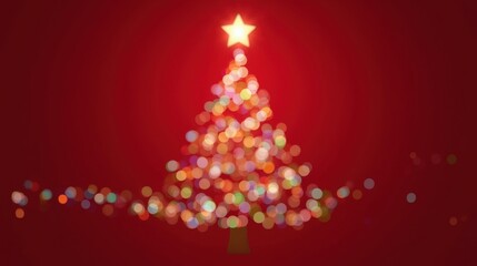 Glowing Christmas Tree with Star Topper and Colorful Lights on Red Background Holiday Celebration Festive Atmosphere Winter Season Decoration Bokeh Effect Cheerful Vibes