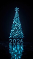 Futuristic Christmas Tree 2026 Neon Lights Starry Top Festive Blue Glow Reflection Digital Holiday Design