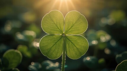 Sunlit Four-Leaf Clover Close-up with Glowing Light Lucky Symbol in Nature Springtime Hope and Fortune Background
