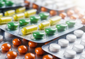 Colorful assortment of medical pills and capsules in blister packs for healthcare and pharmacy.