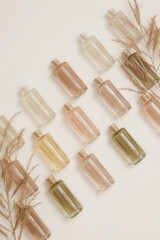Aesthetic Empty Glass Bottles in Neutral Tones with Pampas Grass Arranged on Light Background for Eco-Friendly Skincare and Home Decor Trends