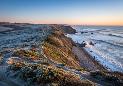 Frosty winter morning view of rugged coastal cliffs overlooking the ocean with breaking waves - Powered by Adobe
