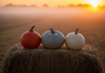 Three heirloom pumpkins in red, blue, and white on a rustic hay bale