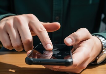 Person interacting with mobile phone, unlocking device using biometric fingerprint security