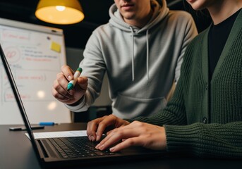 Software developers collaborating on intricate code review using a high performance laptop