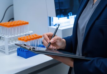 Scientist hand using a stylus on a digital tablet to record data in a modern laboratory