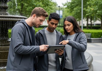 Young diverse team intently discussing data on a tablet, showcasing modern collaboration.
