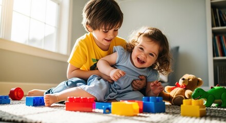Joyful brother and sister playing together on a rug, laughing during a tickle fight
