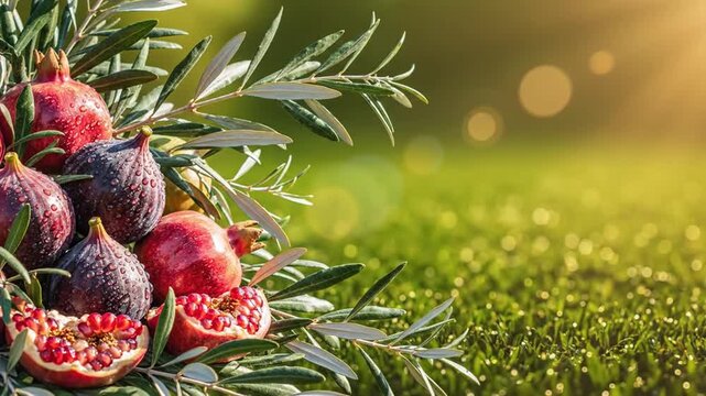 Tu Bishvat Background with Olive Branches Figs Pomegranates and Soft Sunlit Nature Mood