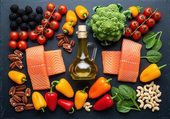 Vibrant flat lay of fresh salmon, olive oil, nuts, and colorful vegetables for healthy eating