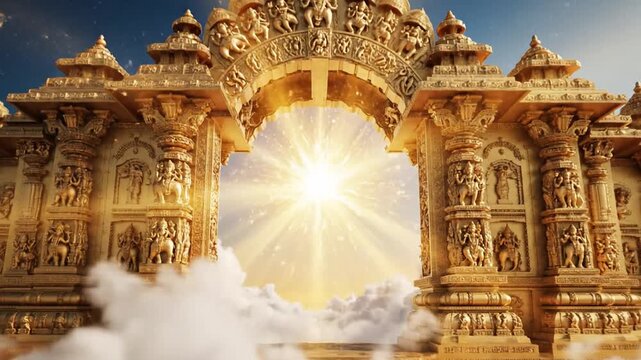 Vaikuntha Dwaram Background with Ethereal Clouds Divine Glow on Pearl White Sky Blue Gradient