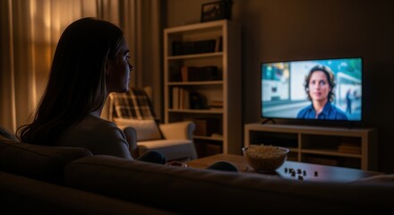 Young woman enjoying a cozy evening at home, watching a movie on television with a bowl of popcorn.