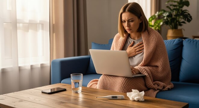 Young woman feeling unwell, wrapped in blanket, consulting laptop for health concerns at home