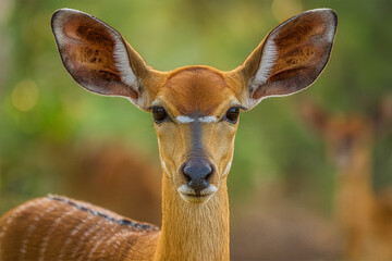 Nyala Deer's Portrait: A striking close-up of a Nyala deer, gazing with a sense of regal presence. Its large ears and unique coat patterns make it a beautiful subject.