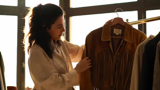 Young woman browsing a clothing rack in a sunlit boutique, examining a brown suede jacket with fringe details for a fashion retail concept.