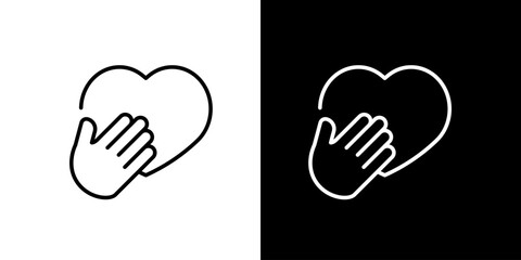 Elegant Line Art Icon Featuring a Hand Embracing a Heart, Symbolizing Profound Love, Compassion, Support, Care, Empathy, and Emotional Wellbeing