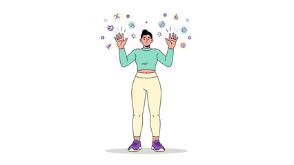 Fototapeta premium Illustration of a person standing with hands raised with abstract visual elements around