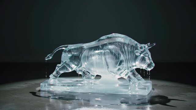 Melting ice sculpture of a translucent bull dripping water on a dark background in a cinematic 3D animation, illustrating financial market volatility concepts.