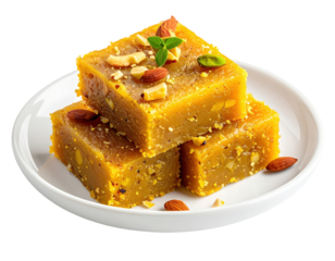 Golden Halva Squares Garnished with Nuts and Mint on a White Plate