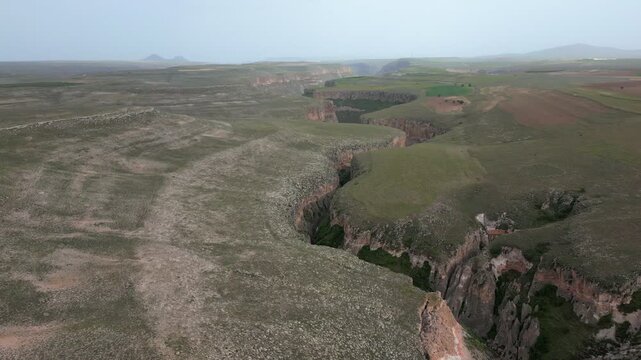 Soganli canyon valley drone aerial view in Cappadocia, Turkey