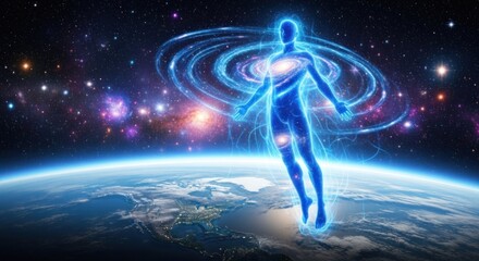 Fototapeta premium A human figure with a glowing aura and spiral patterns in the background, floating above the Earth.