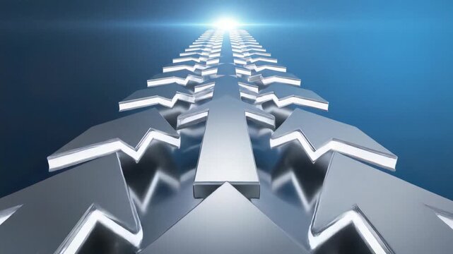 A bright future awaits as countless arrows point towards a glowing light on a blue background, symbolizing progress and ambition.