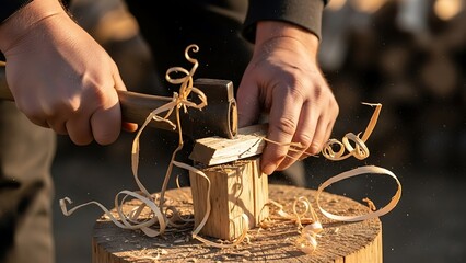 Close-up shot of lumberjack carving wood using axe at sunny outdoors