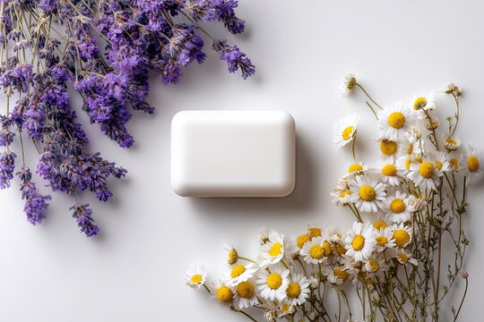 Bar of soap surrounded by lavender, daisies, on white backdrop - Powered by Adobe