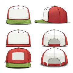 Baseball caps in various angles, showcasing design variations with color blocks