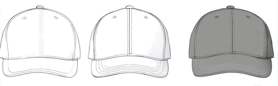 Baseball cap outline in stages sketch, line art, & solid gray