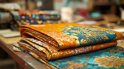 Close-up of folded vibrant fabrics with intricate gold patterns, showcasing traditional textile art and craftsmanship