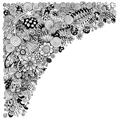 Detailed Hand Drawn Corner Doodle Art Pattern with Flowers and Swirls.