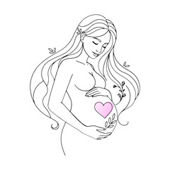 Minimalist Line Art Drawing of Beautiful Pregnant Woman, Motherhood, and Love.