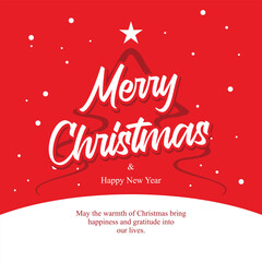 Festive Christmas and New Year greeting card design featuring elegant hand-lettered typography Merry Christmas and Happy New Year shaped like a Christmas tree Designed with a bright red background © EFFOURT 