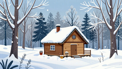 Fototapeta premium Winter wonderland cozy cabin in snowy forest digital art tranquil landscape serene viewpoint