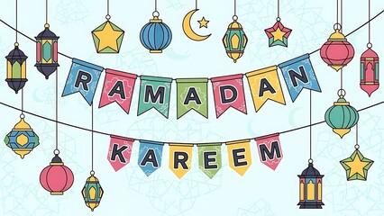"Ramadan Kareem Bunting with Colorful Lanterns and Crescent Moon - Festive Greeting Stock Illustration"