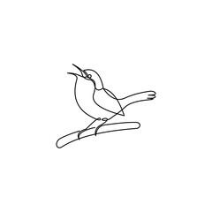 Minimalist continuous line art drawing of a small bird perched on a branch, singing with its beak open, on a white background.