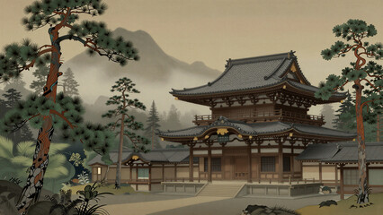 Fototapeta premium Serene architectural scene traditional japanese temple misty mountain landscape digital art wide angle view cultural heritage
