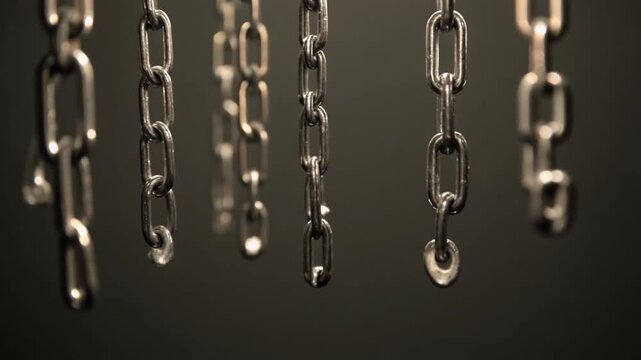 Slow swaying Hanging Metal Chains with Faint Metallic Highlights on Dark Background