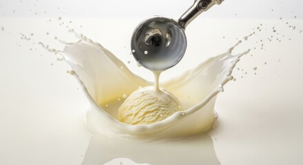 Ice cream scoop dipping into a creamy milkshake with a splash.